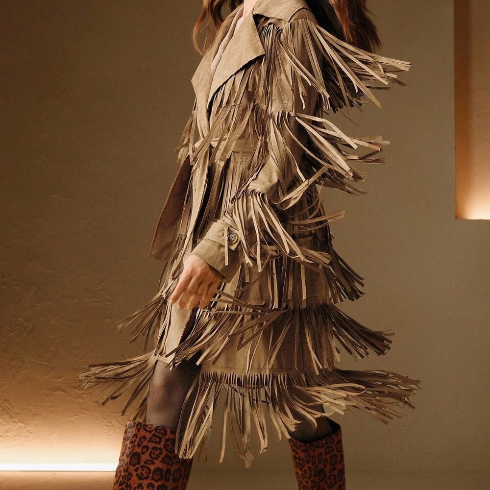 Camel Party Women's Lapel Necklong Sleeve Fringe Design Jacket